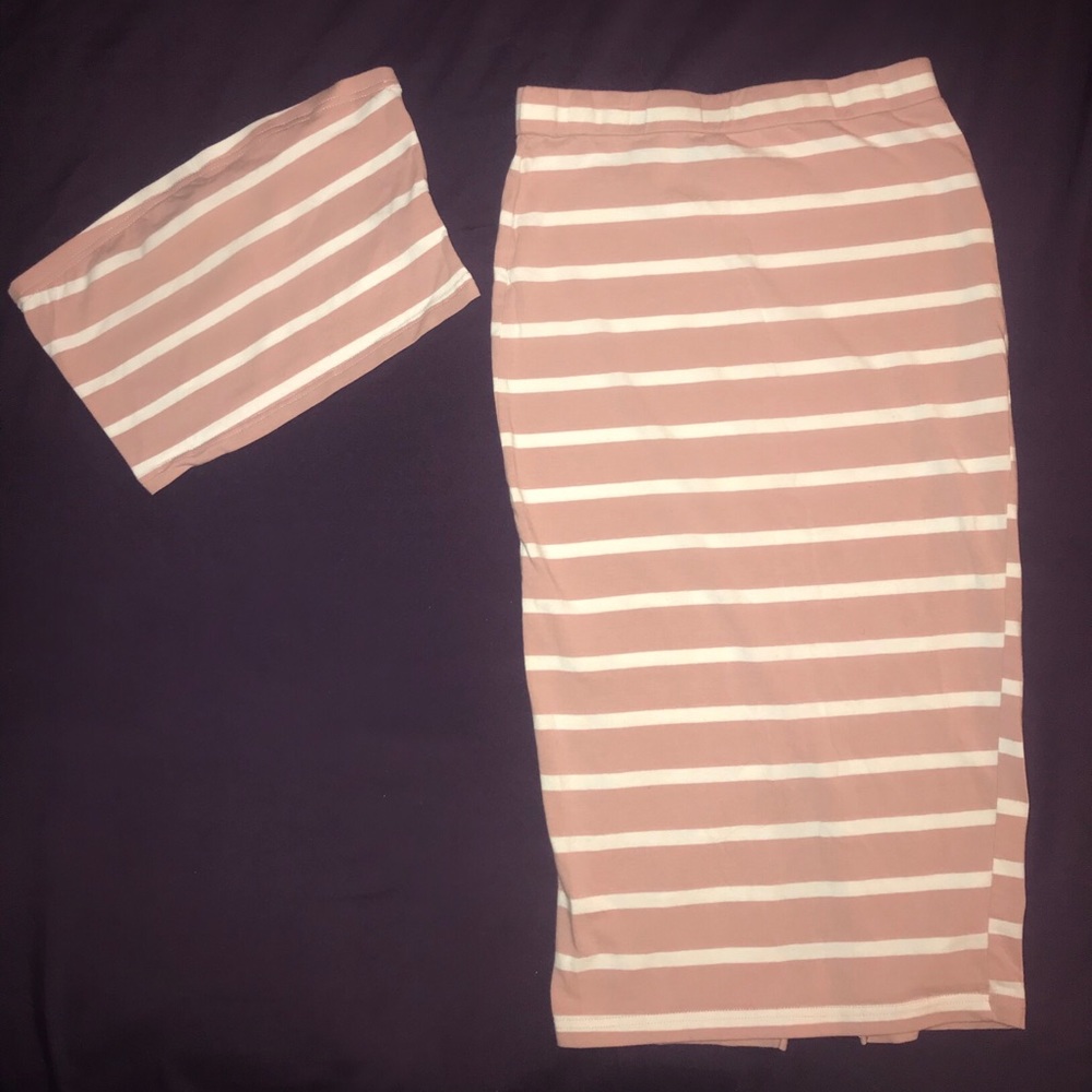 Pink and White Striped Crop Top+Skirt Set